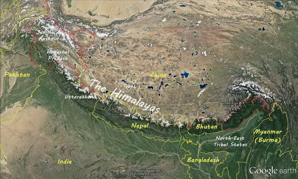 Map of the Himalayas showing the bordering countries